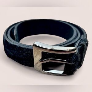 Vermillion Hair on Hide Leather L belt Black Silver Tone Buckle Elegant Chic
